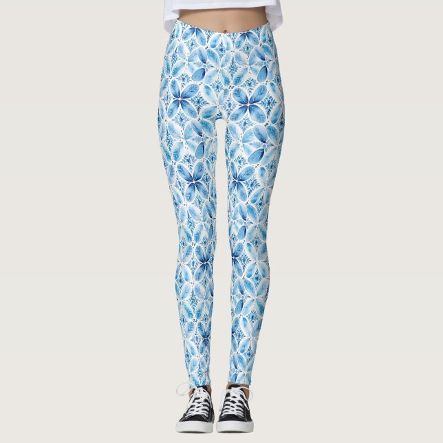 Boho Blue White Blommigt Leggings (Framsida)