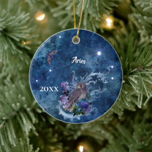 Boho Blue Zodiac Aries Constellation Julgransprydnad Keramik