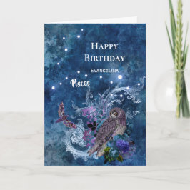 Boho Blue Zodiac Pisces Constellation Birthday Kort