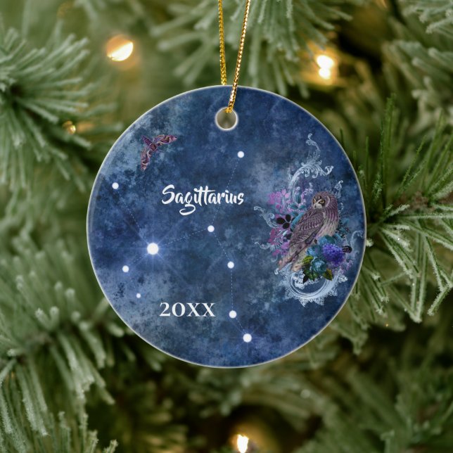 Boho Blue Zodiac Sagittarius Constellation Julgransprydnad Keramik (Träd)