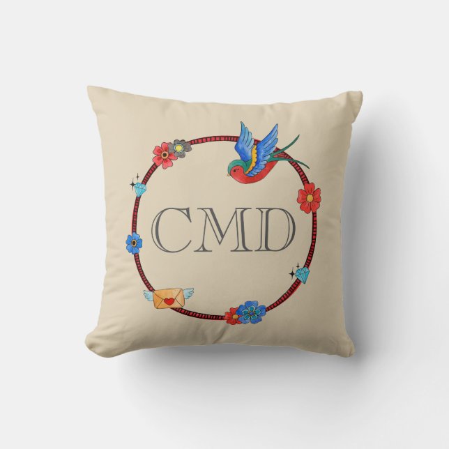 Boho Bluebird Monogram Kudde (Framsida)