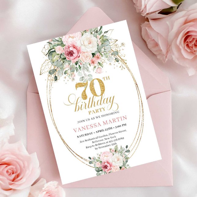 Boho Blush Blommig Digital 70-års Födelsedagsinbju Inbjudningar (Boho Blush Floral Digital 70th Birthday Invitation)