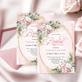Boho Blush Blommig Eukalyptus Guld Bröllopsfest Inbjudningar