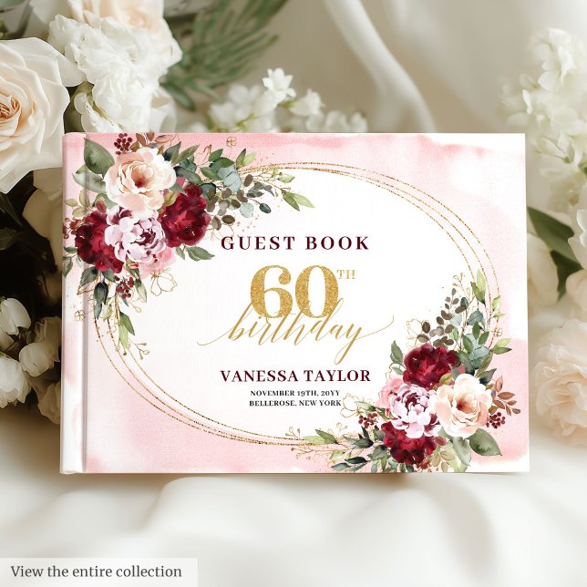 Boho Blush Burgunder Rosa Rosor 60-års Gästbok (Boho Blush Burgundy Gold Roses 60th Guest Book)