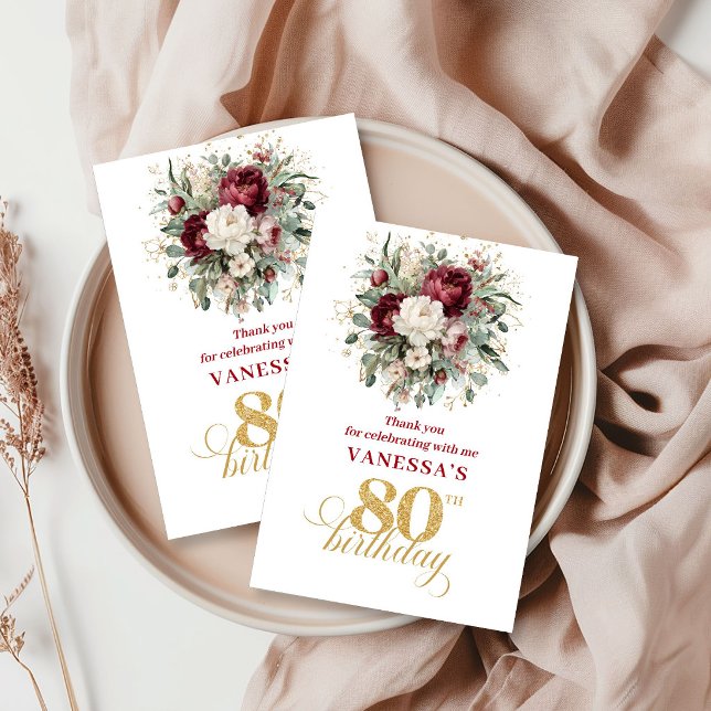 Boho Blush Burgundy 80-års födelsedags tackkort Tack Kort (Boho Blush Burgundy 80th Birthday Thank You Card)