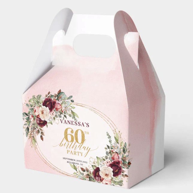 Boho Blush Burgundy Gold Floral 60th Gift Box Presentaskar (Luxurious Boho Burgundy Roses 60th Birthday Favor

)