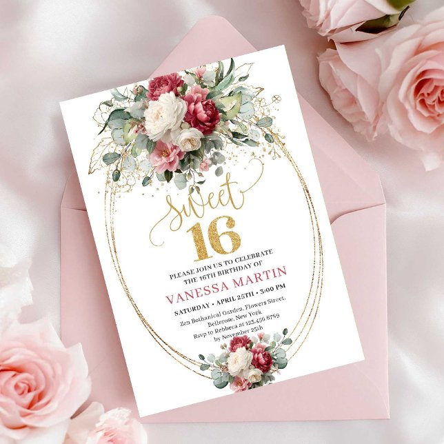 Boho Blush Burgundy Guld Roser Sweet 16 Inbjudan (Boho Blush Burgundy Gold Roses Sweet 16 Invite)