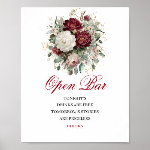 Boho Blush Burgundy Öppen Bar Bröllopsskylt Poster