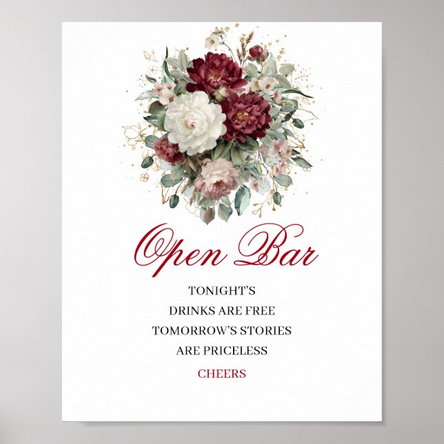 Boho Blush Burgundy Öppen Bar Bröllopsskylt Poster (Framsidan)
