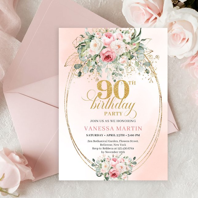 Boho Blush Floral Gold Frame Minimal 90th Birthday Inbjudningar (Chic Blush Roses Greenery 90th Birthday Celebration Invite)