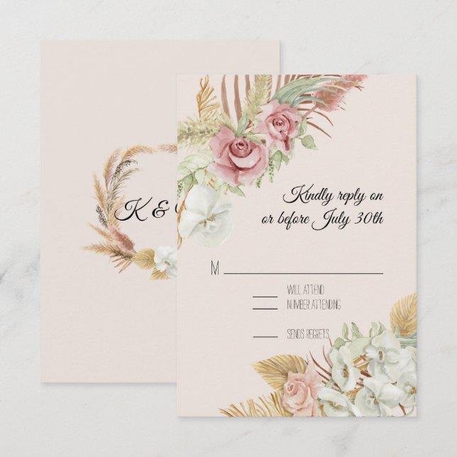 BOHO Blush Pampas bladverk Palm Rosekrans RSVP OSA Kort (Fram/baksida)
