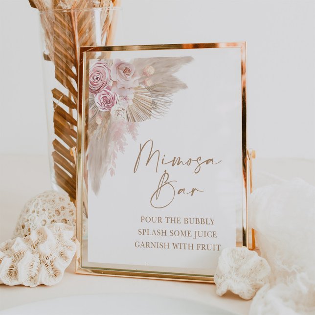 Boho Blush Pampas Blommig Mimosa Bar Bröllopsdopps Poster (Skapare uppladdad)