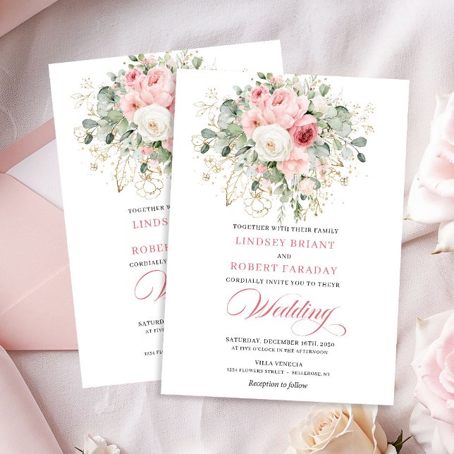 Boho Blush Peonies Greenery Guld Bröllopsinbjudnin Inbjudningar (Boho Blush Peonies Greenery Gold Wedding Invitation

)