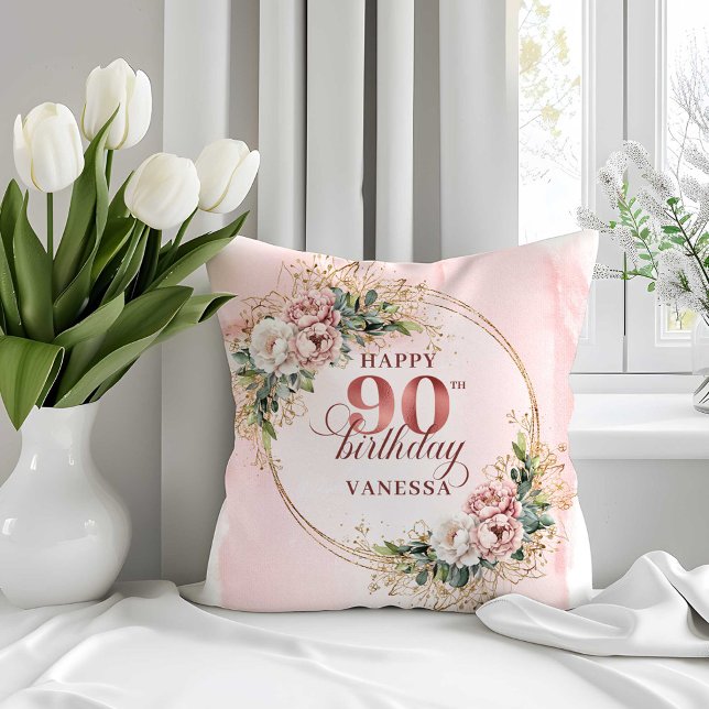 Boho Blush Pink Floral 90th Birthday Pillow Kudde (Boho Blush Pink Floral 90th Birthday Pillow)