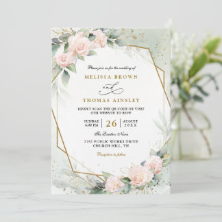 Boho Blush Pink Floral Greenery QR Code Wedding Inbjudningar