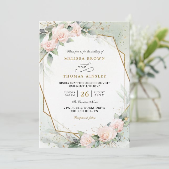 Boho Blush Pink Floral Greenery QR Code Wedding Inbjudningar (Stående Fram)