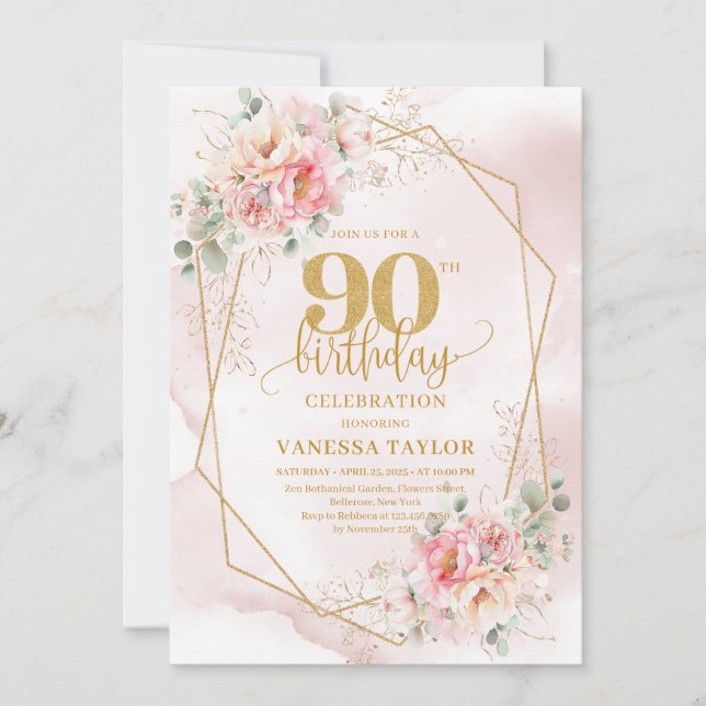 Boho Blush Pink Gold Floral 90th Birthday Invites Inbjudningar (Framsida)