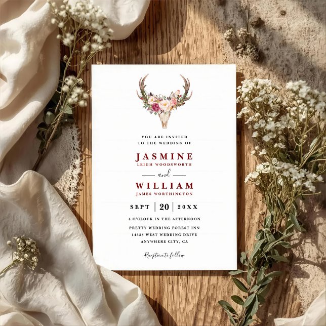 Boho Blush Red Floral Antler Skull QR Code Wedding Inbjudningar (Skapare uppladdad)