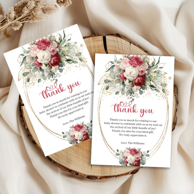 Boho Blush Röd Grönska Bebis Shower Tacksamhetskor Tack Kort (Boho Blush Red Greenery Baby Shower Thank You Card)