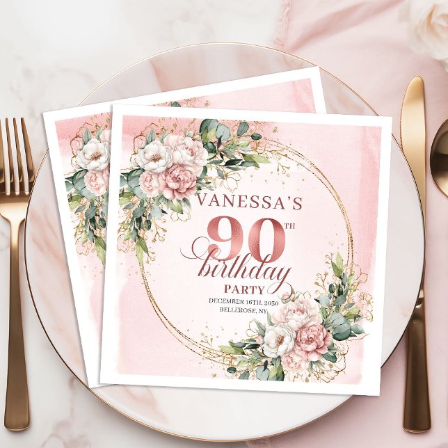 Boho Blush Rosa Blommig 90-årsfirande   Pappersservett (Boho Blush Pink Floral 90th Birthday Celebration Napkins)