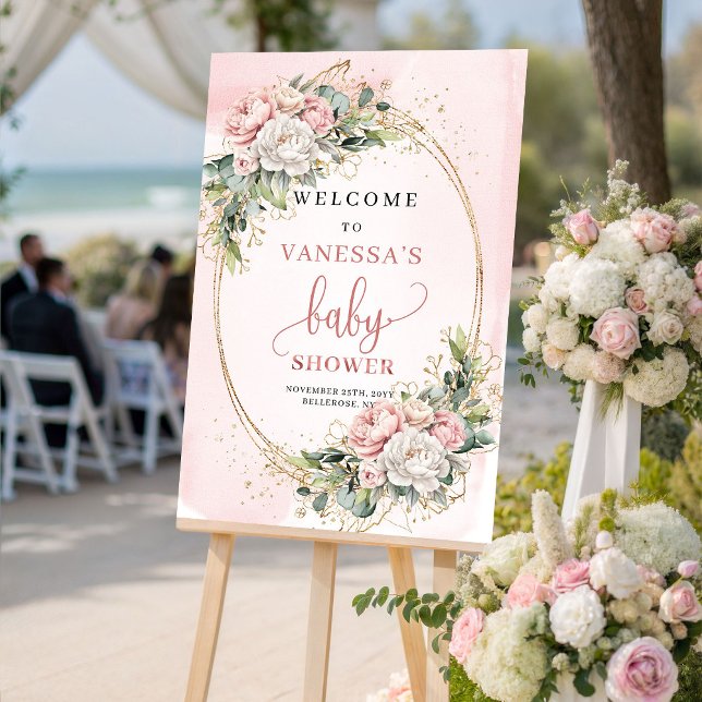 Boho Blush Rosa Blommig Baby Shower Välkomstskylt Poster (Boho Blush Pink Floral Baby Shower Welcome Sign)