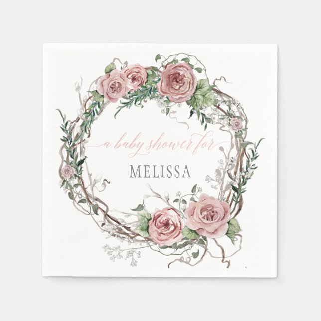 BOHO Blush Rosa Blommig Bebis Flick Shower Pappersservett (Framsidan)