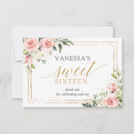 Boho Blush rosa blommig guldglitter 16-årsdag Tack Kort