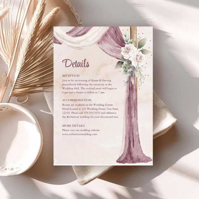 Boho Blush Rosa Lila Baldakin Bröllopsdetaljkort Inbjudningar (Boho Blush Pink Purple Canopy Wedding Details Card on boho wedding table.)