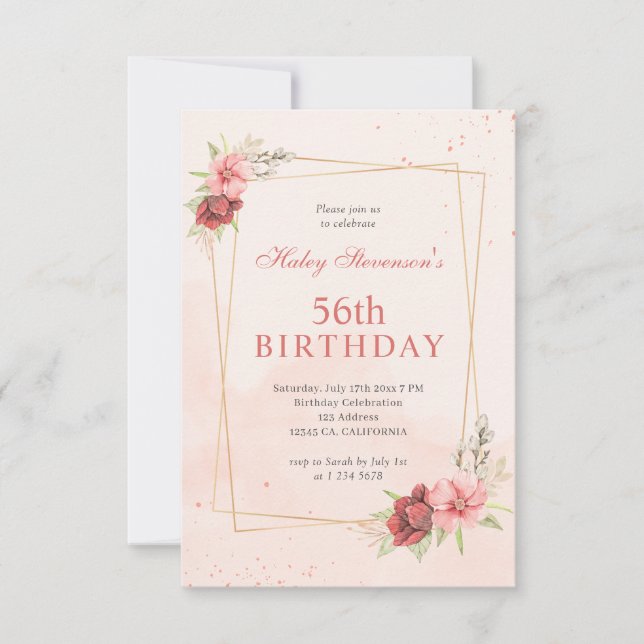 Boho Blush Rosa Terrakotta Blommig 56-årsdag Inbjudningar (Framsida)