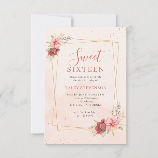 Boho Blush Rosa Terrakotta Blommig Chic Sweet 16 Inbjudningar (Framsida)