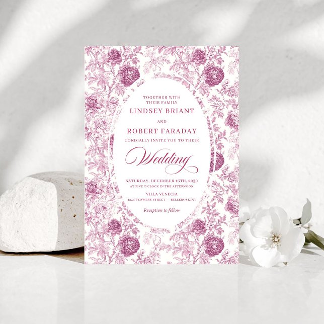 Boho Blush Rosa Toile Blommig Bröllopsinbjudan  Inbjudningar (Boho Blush Pink Toile Floral Wedding Invitation Design)