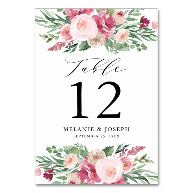 Boho Blush & Rosa Vår Vattenfärg Blommig Bröllop Bordsnummer (Framsidan)