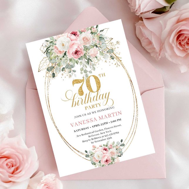 Boho Blush Roses 70th Birthday Invitation Inbjudningar (Boho Blush Roses 70th Birthday Invitation)