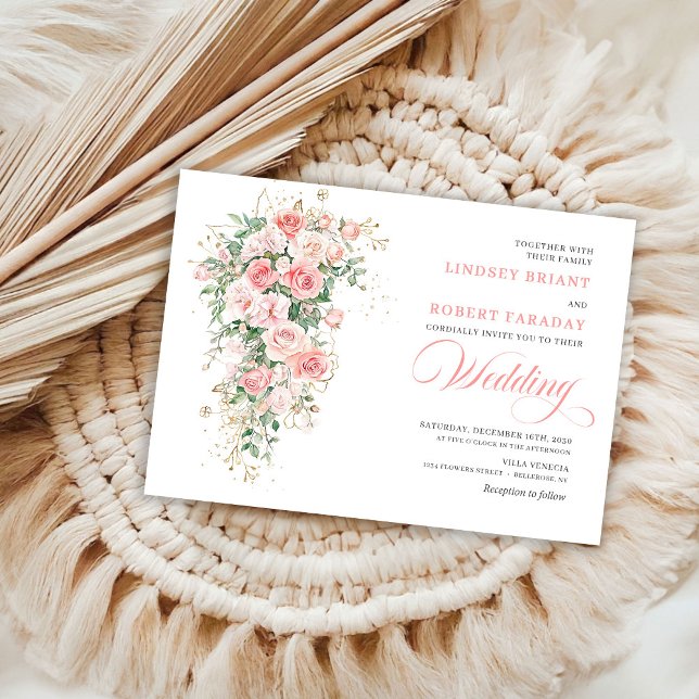 Boho Blush Rosor Grönska Guld Bröllopsinbjudan Inbjudningar (Boho Blush Roses Greenery Gold Wedding Invitation)