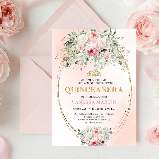 Boho Blush Rosor Grönska Quinceañera Inbjudan (Boho Blush Roses Greenery Quinceañera Invitation

)