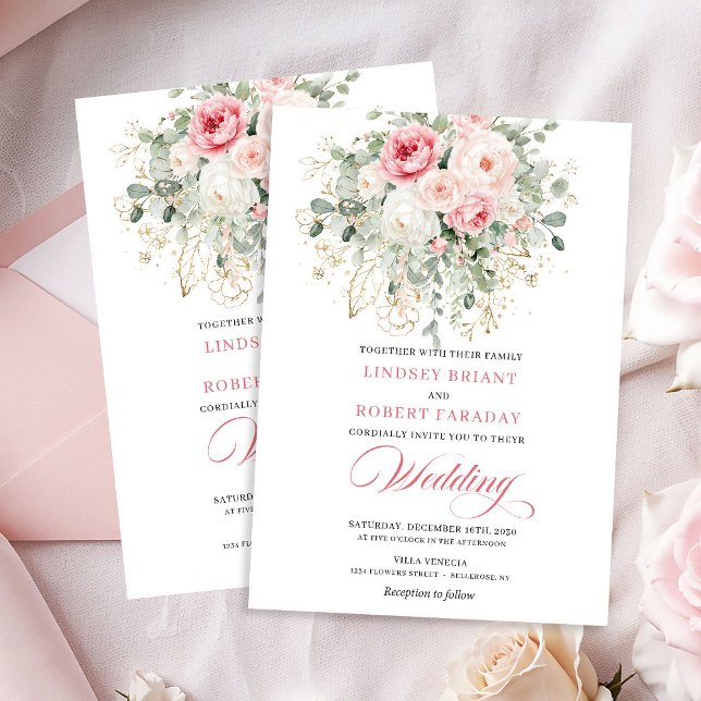 Boho Blush Rosor Guld Blommig Bröllopsinbjudan Inbjudningar (Boho Blush Roses Gold Floral Wedding Invitation)