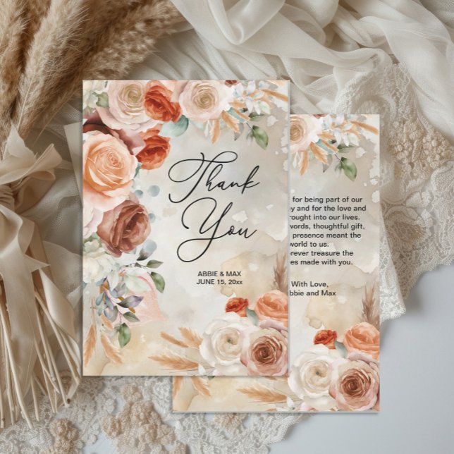 Boho Blush Terracotta Cream Blommig Bröllop  Tack Kort (Boho floral wedding thank you card)