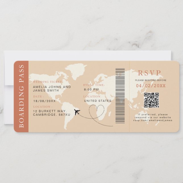 Boho Boarding Pass Destinationsbröllop QR-kod Inbjudningar (Framsida)