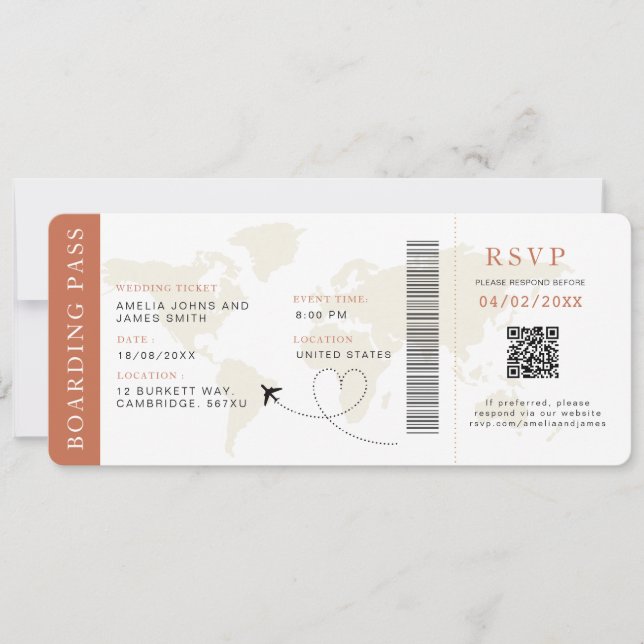 Boho Boarding Pass Destinationsbröllop QR-kod Inbjudningar (Framsida)