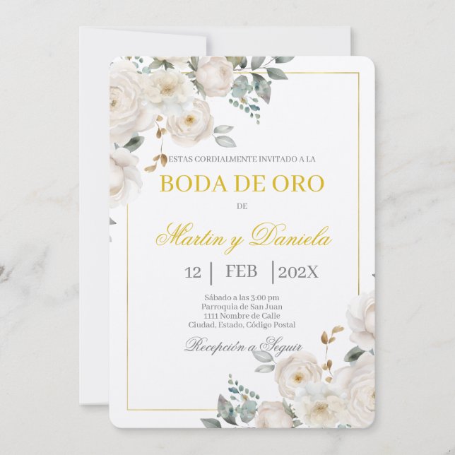 Boho boda de oro con flor blanca inbjudningar (Framsida)