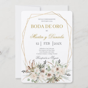 Boho boda de oro con flor blanca inbjudningar