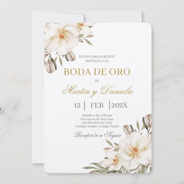 Boho boda de oro con flor blanca inbjudningar (Framsida)