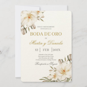 Boho boda de oro con flor blanca inbjudningar