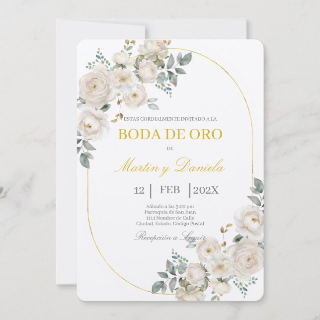 Boho boda de oro con flor blanca inbjudningar (Framsida)