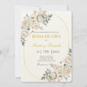 Boho boda de oro con flor blanca inbjudningar