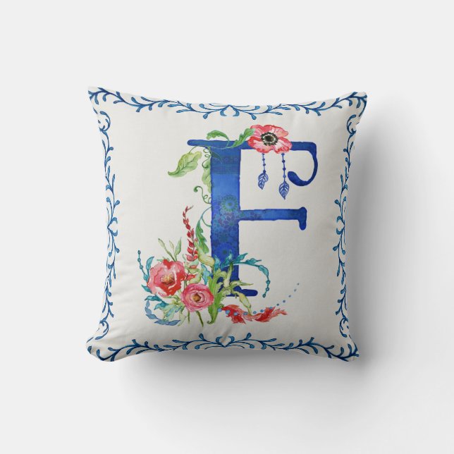 BOHO Bohemian Blommigt Monogram F Feathers Anemone Kudde (Framsida)