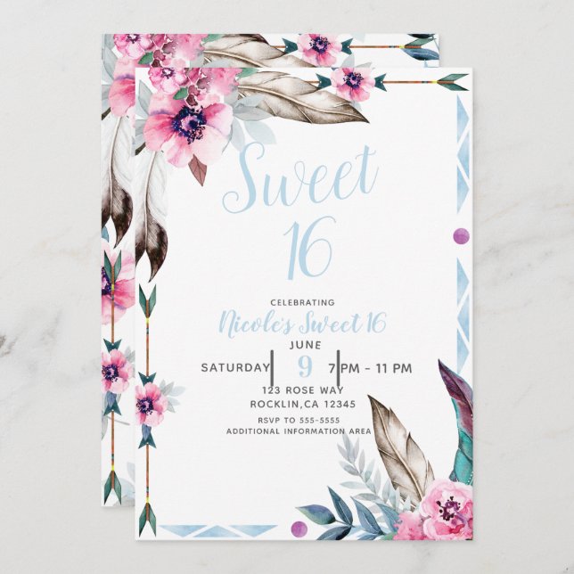 Boho Bohemian Blommigt Watercolor Sweet 16 Inbjudningar (Fram/baksida)