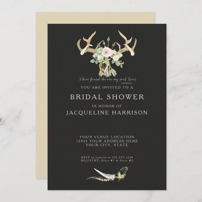Boho Bohemian Deer Antler Floral Bridal Shower Inbjudningar (Fram/baksida)