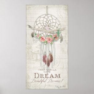 Boho Bohemian Dream Catcher Baby Namn Shower Wood Poster