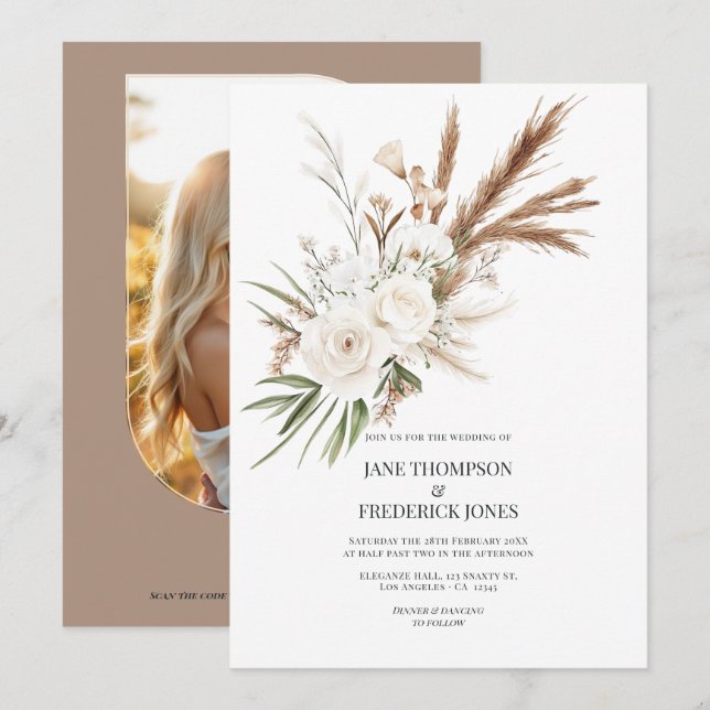 Boho Bohemian Dried Floral Photo & QR Code Wedding Inbjudningar (Fram/baksida)